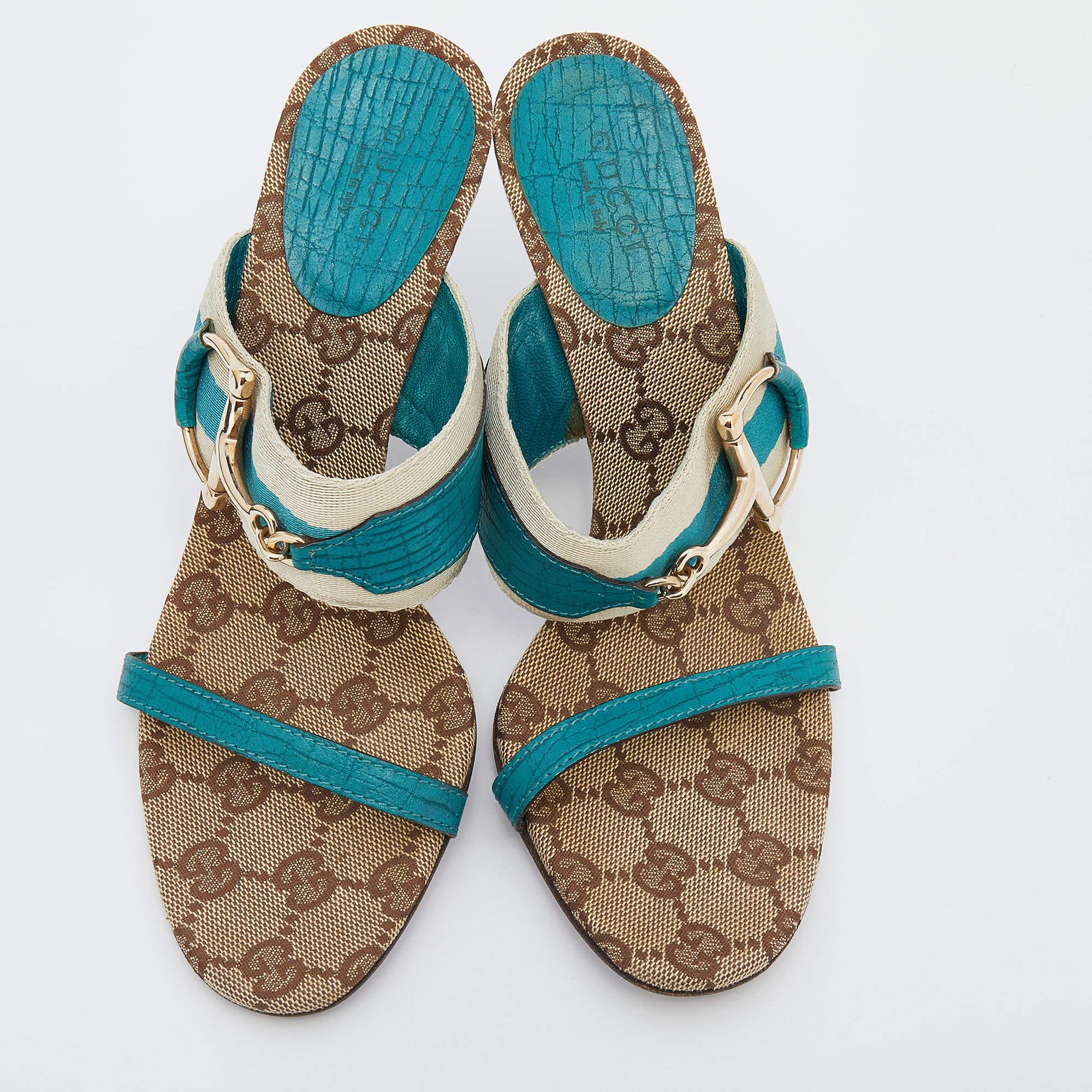 Green Gucci Turquoise Blue/Off White Leather And Web Tape Slide Sandals Size 36