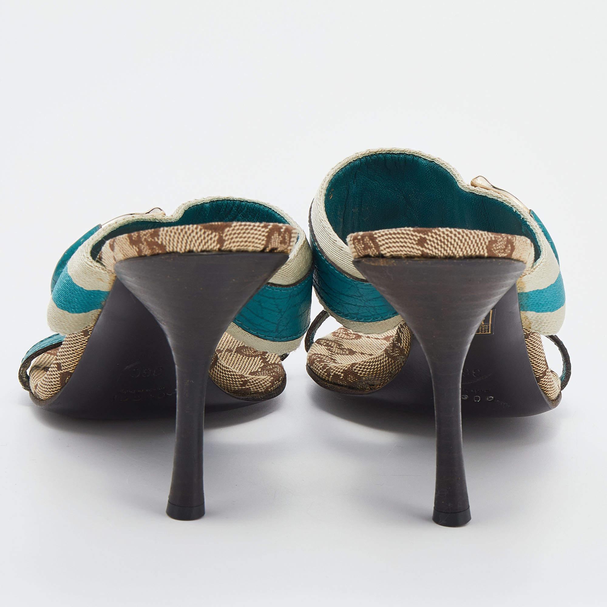 Women's Gucci Turquoise Blue/Off White Leather And Web Tape Slide Sandals Size 36