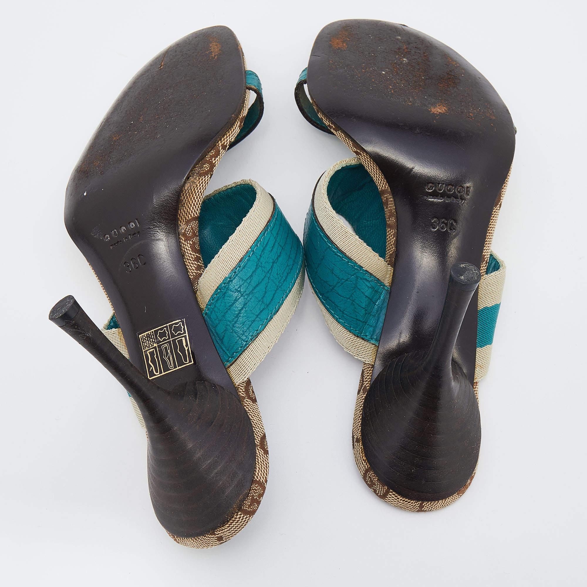 Gucci Turquoise Blue/Off White Leather And Web Tape Slide Sandals Size 36 1