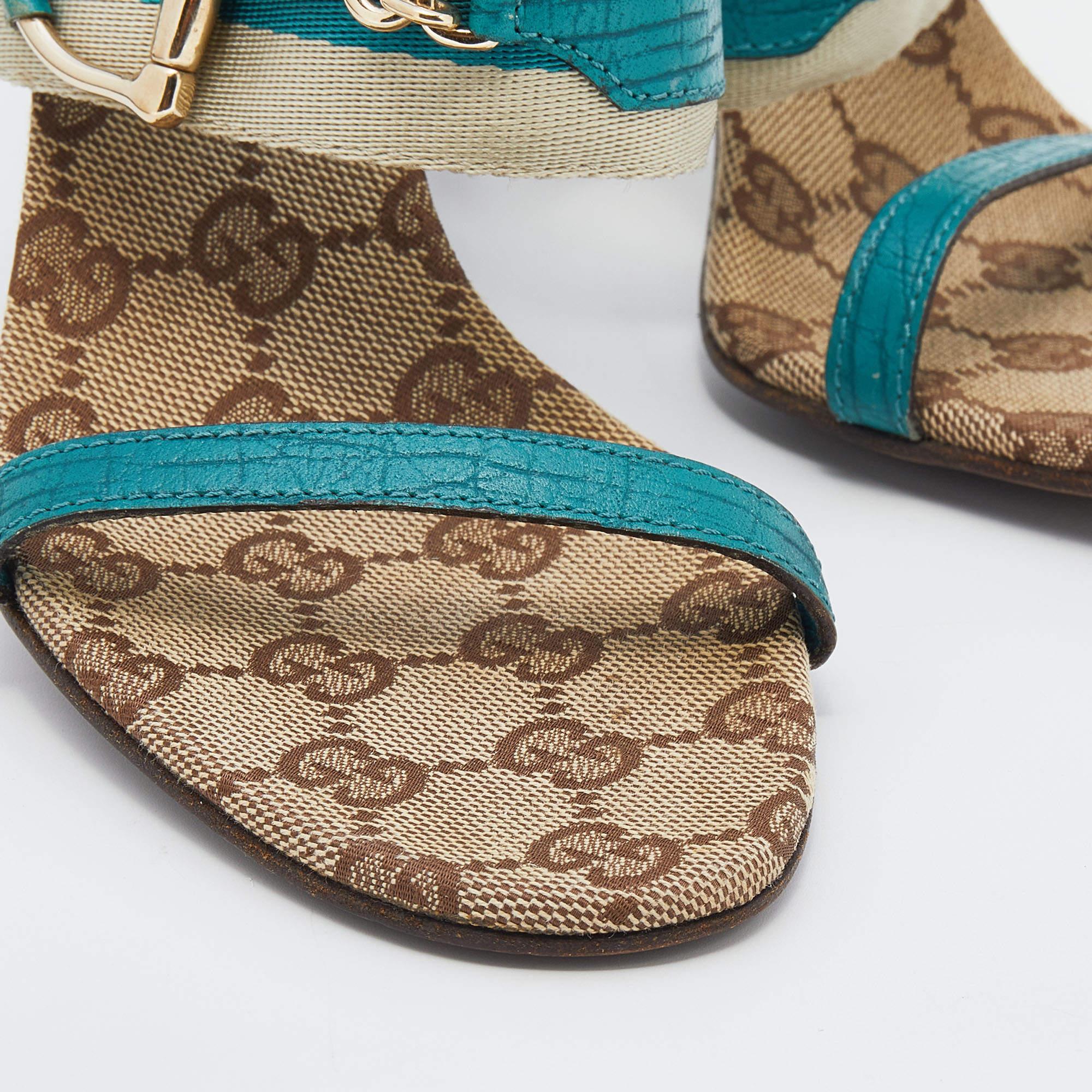 Gucci Turquoise Blue/Off White Leather And Web Tape Slide Sandals Size 36 2