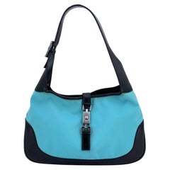 Gucci Turquoise Canvas Black Leather Jackie Hobo Bag Handbag