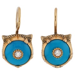 GUCCI Turquoise Diamond Yellow Gold Le Marché Des Merveilles Feline Earrings