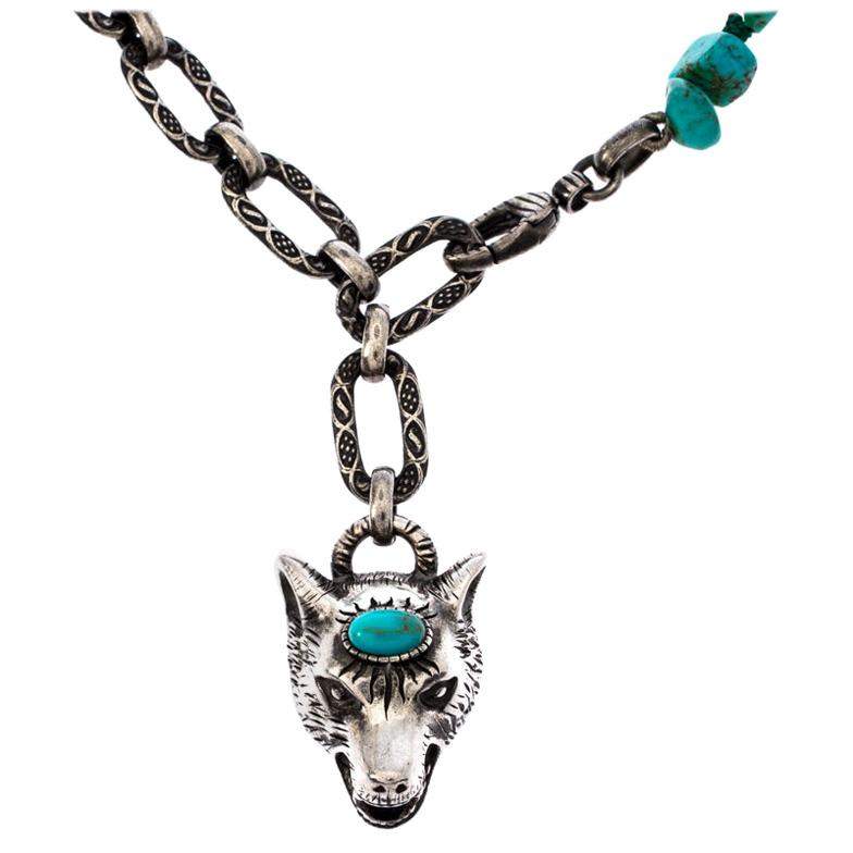 Gucci Turquoise Green Anger Forest Pendant Antique Silver Necklace For Sale at 1stDibs gucci anger forest wolf necklace, gucci wolf necklace, gucci turquoise necklace