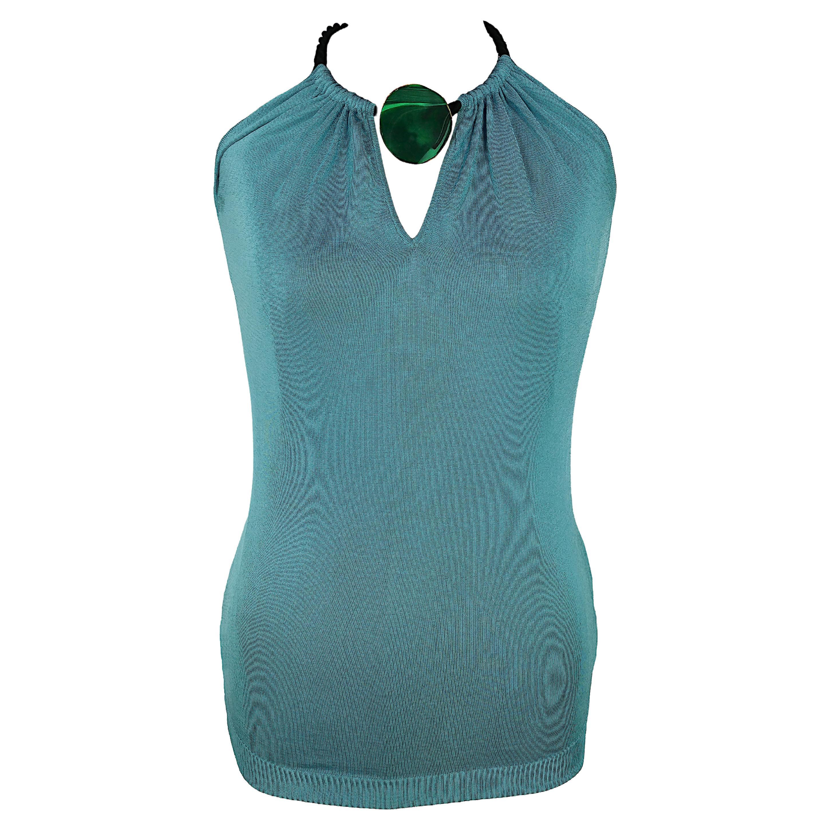 GUCCI - Turquoise Halter Top with Green Stone Medallion | Size L For Sale