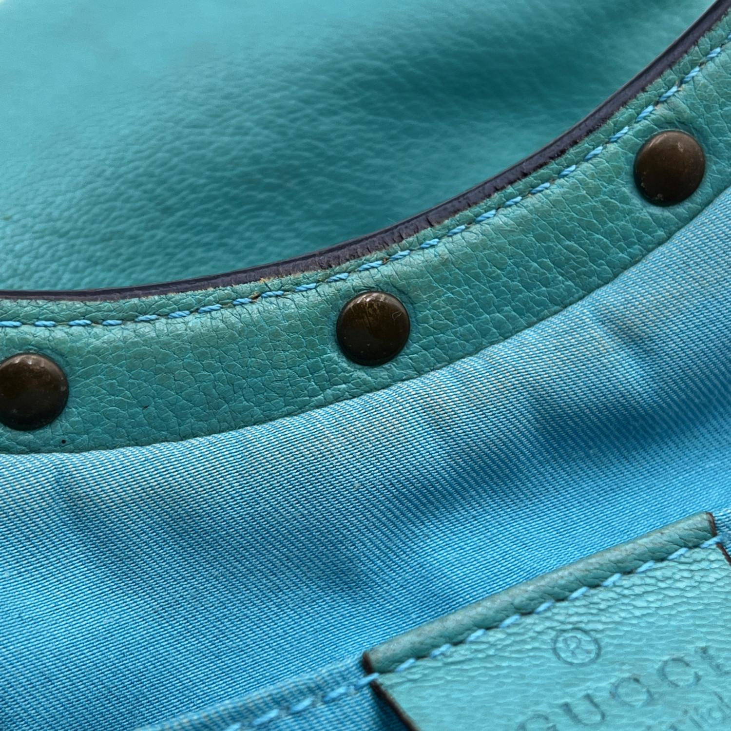 Gucci Turquoise Leather Bamboo Handle Studded Handbag Hobo Bag 8