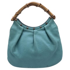 Gucci Turquoise Leather Bamboo Handle Studded Handbag Hobo Bag