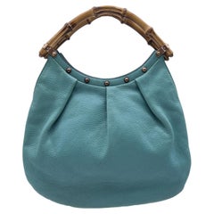 Retro Gucci Turquoise Leather Bamboo Studded Handbag Hobo Bag