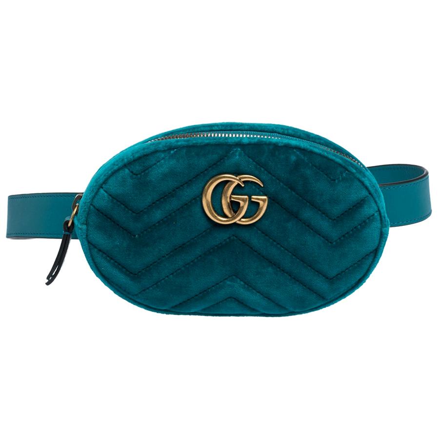 Gucci Turquoise Matelasse Velvet GG Marmont Belt Bag