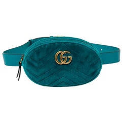 Gucci Turquoise Matelassé Velvet GG Marmont Belt Bag