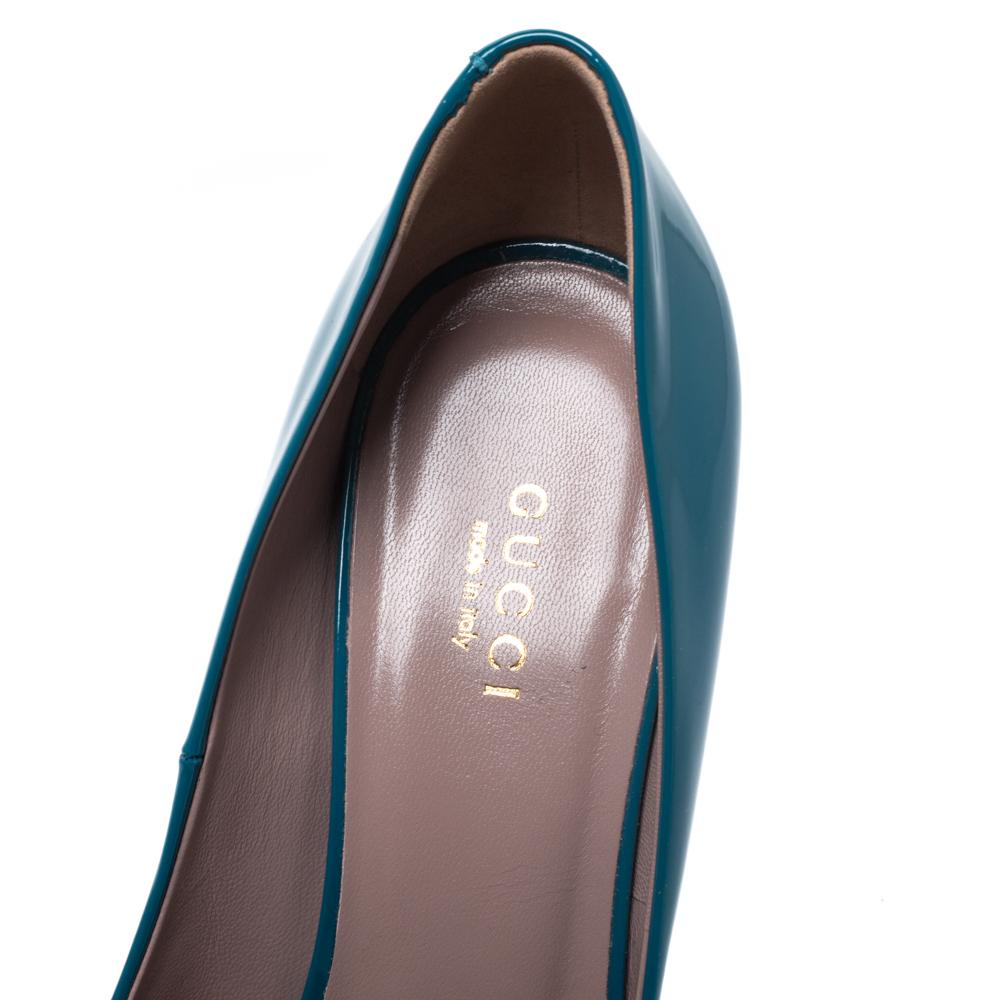 Blue Gucci Turquoise Patent Leather Jolene Horsebit Pumps Size 36.5