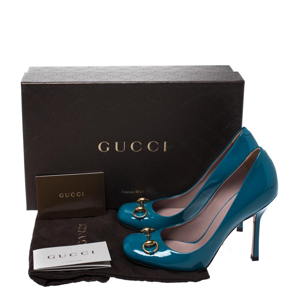 Women's Gucci Turquoise Patent Leather Jolene Horsebit Pumps Size 36.5