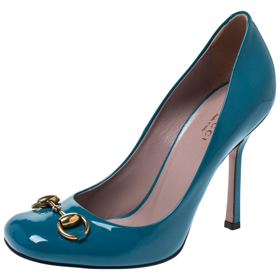 Gucci Turquoise Patent Leather Jolene Horsebit Pumps Size 36.5