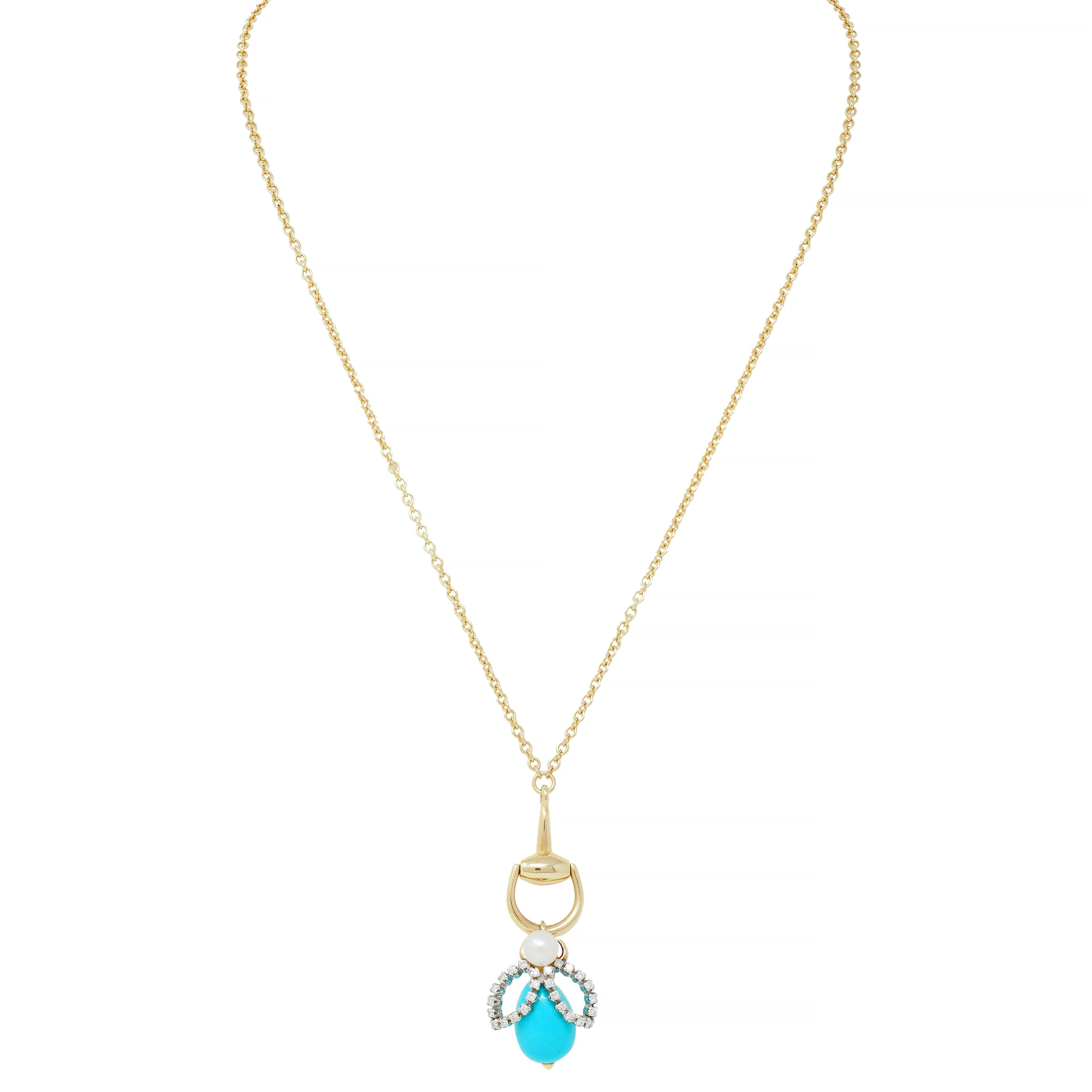 Pear Cut Gucci Turquoise Pearl Diamond Platinum 18K Gold Horsebit Bee Pendant Necklace For Sale