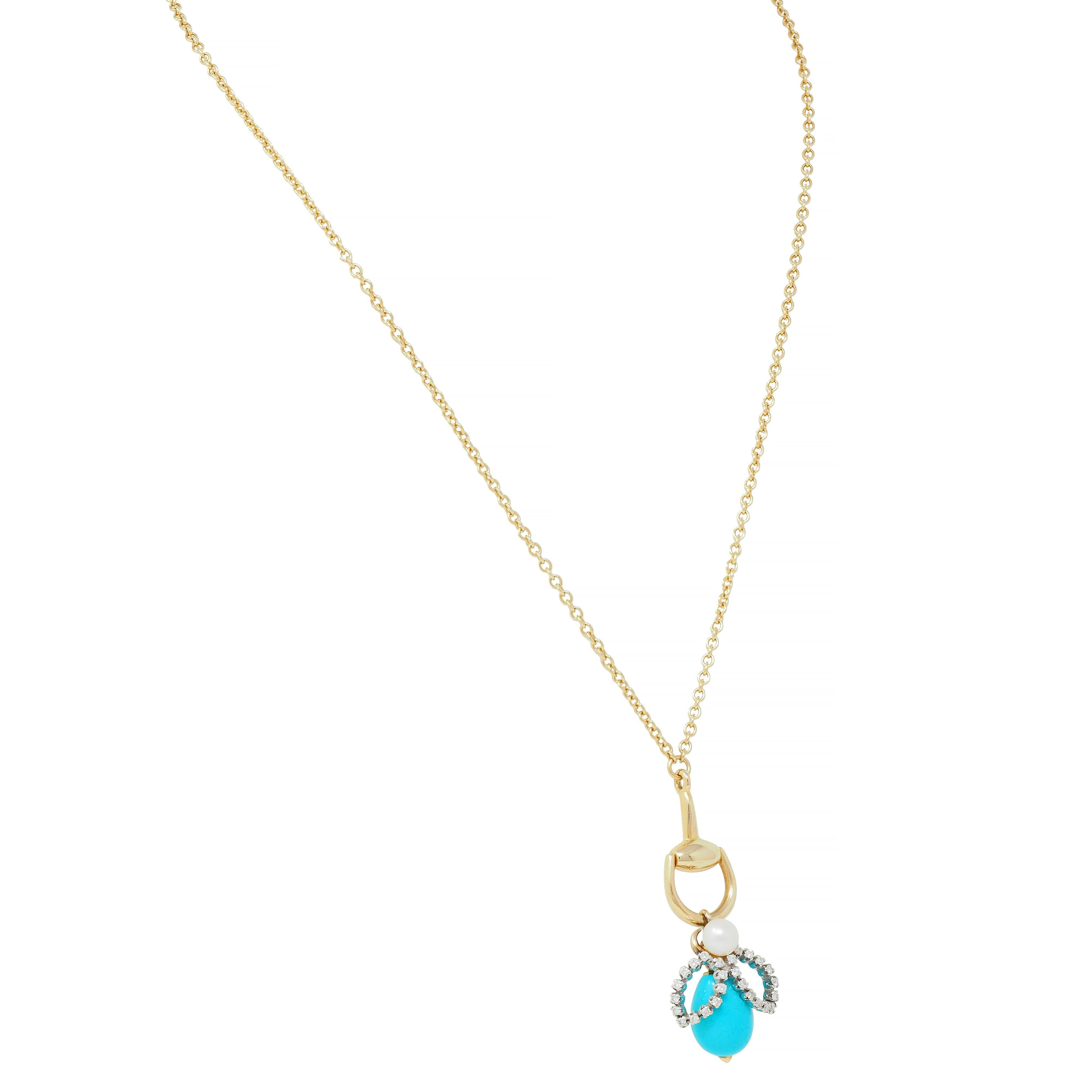 Gucci, collier pendentif abeille de cheval en or 18 carats, platine, diamants et turquoise Unisexe en vente