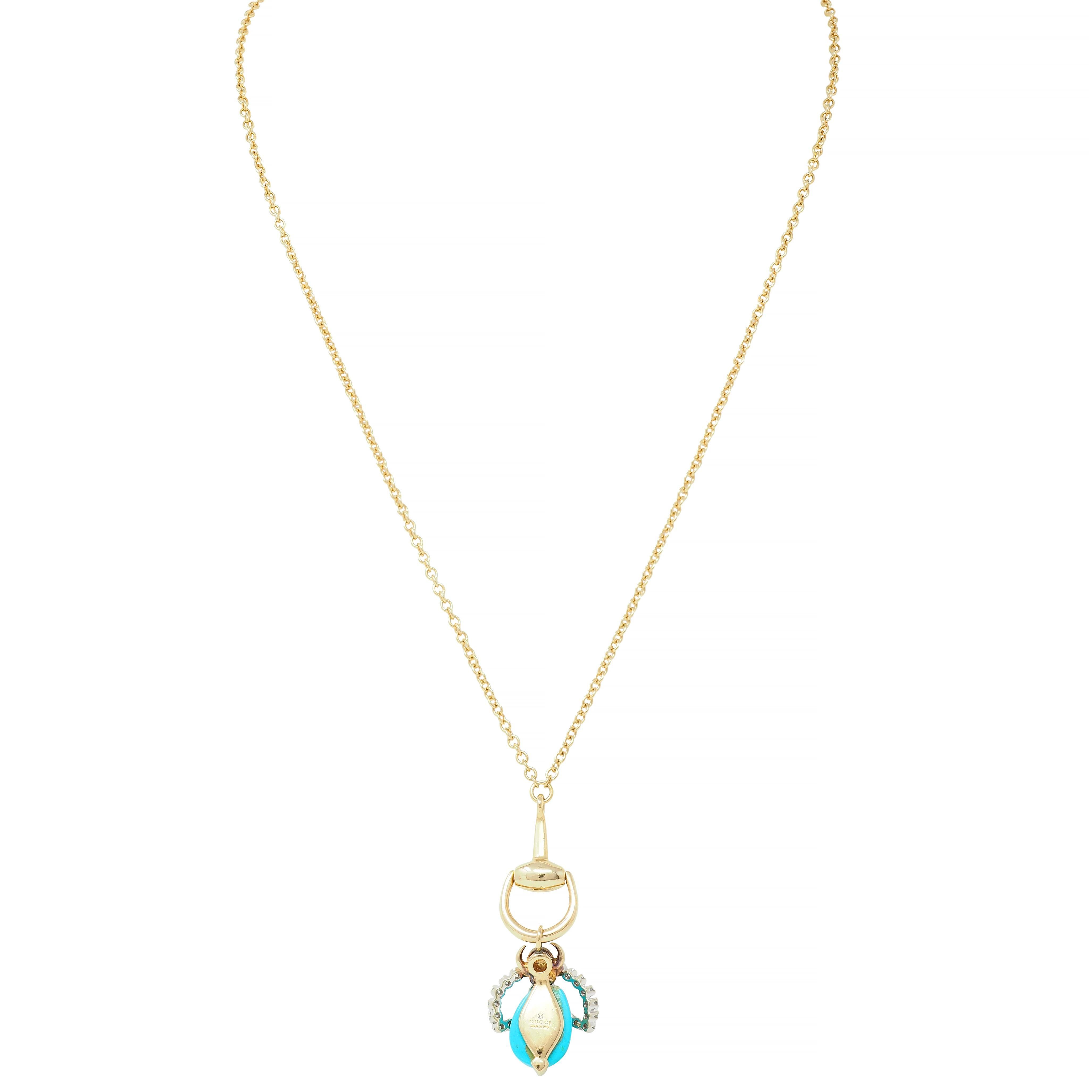 Gucci Turquoise Pearl Diamond Platinum 18K Gold Horsebit Bee Pendant Necklace For Sale 1