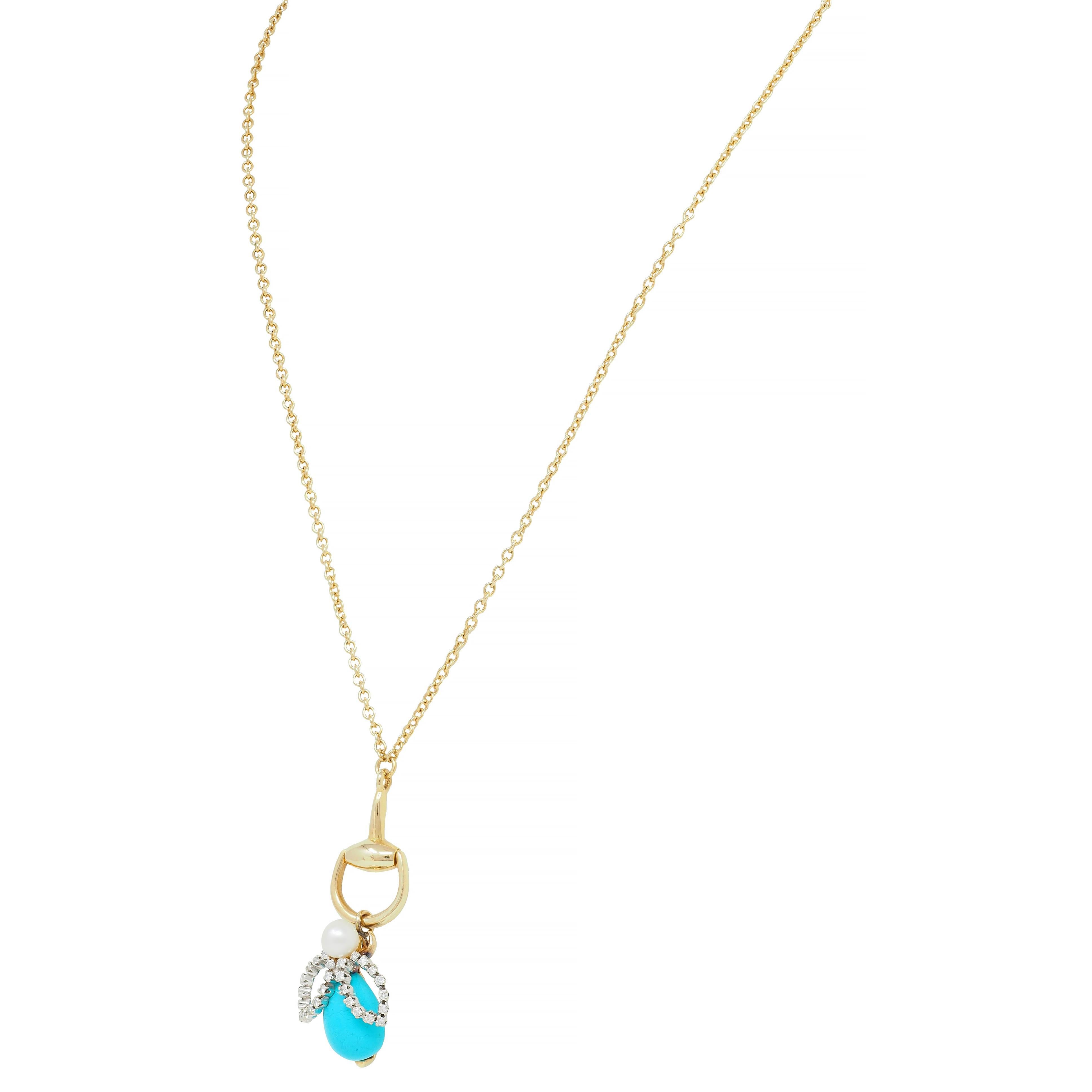 Gucci Turquoise Pearl Diamond Platinum 18K Gold Horsebit Bee Pendant Necklace For Sale 2
