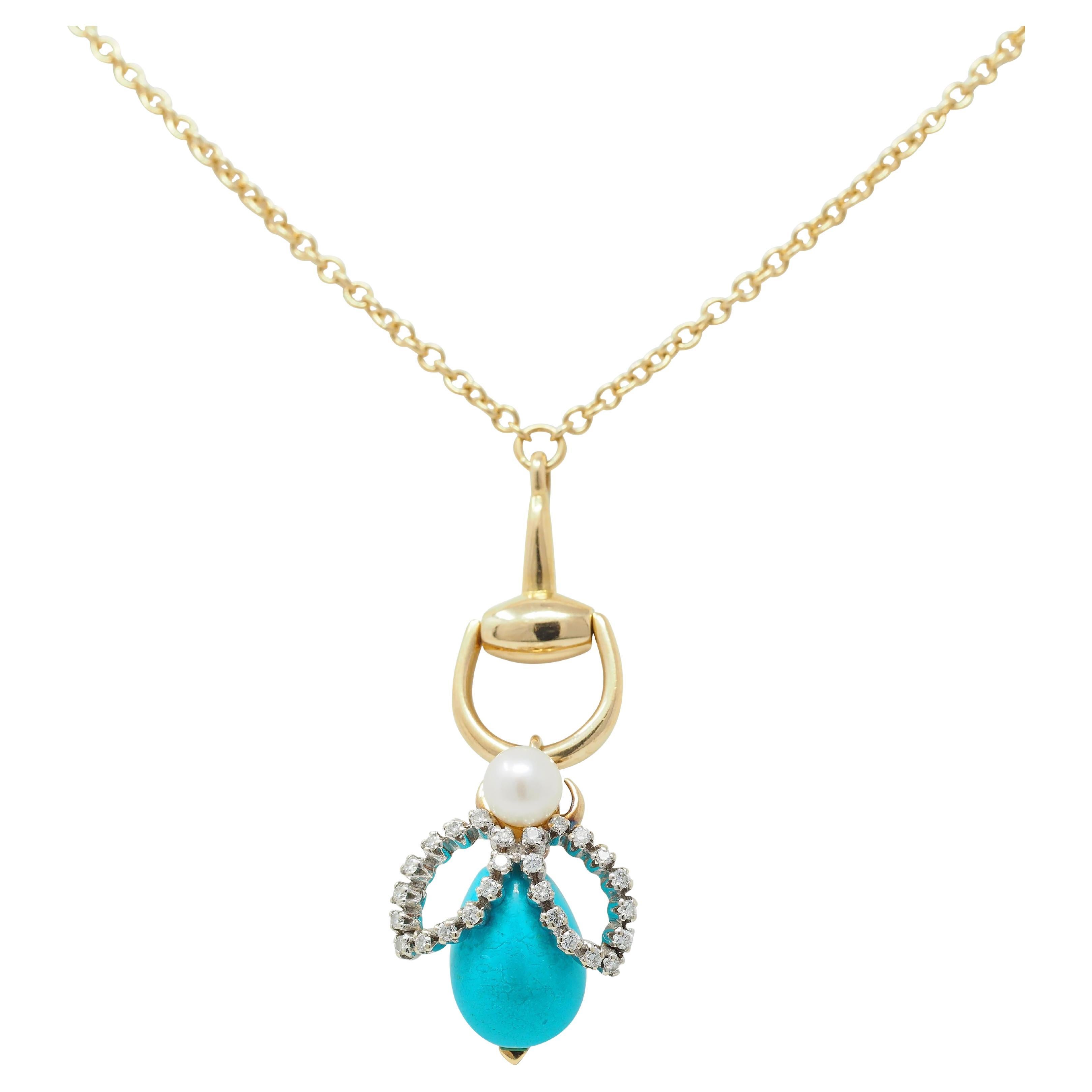 Gucci Turquoise Pearl Diamond Platinum 18K Gold Horsebit Bee Pendant Necklace For Sale