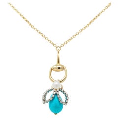 Gucci Turquoise Pearl Diamond Platinum 18K Gold Horsebit Bee Pendant Necklace