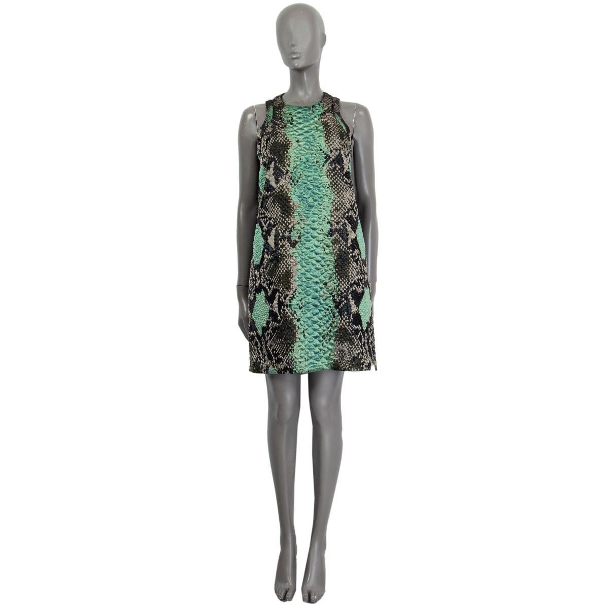 100% authentic Gucci sleeveless python print jacquard dress in black, turquoise and silver polyester (54%), acetate (30%), silk (12%) and polyamide (4%) with a round neckline. Fabric has a metallic sheen to it. Closes on the back with a zipper.