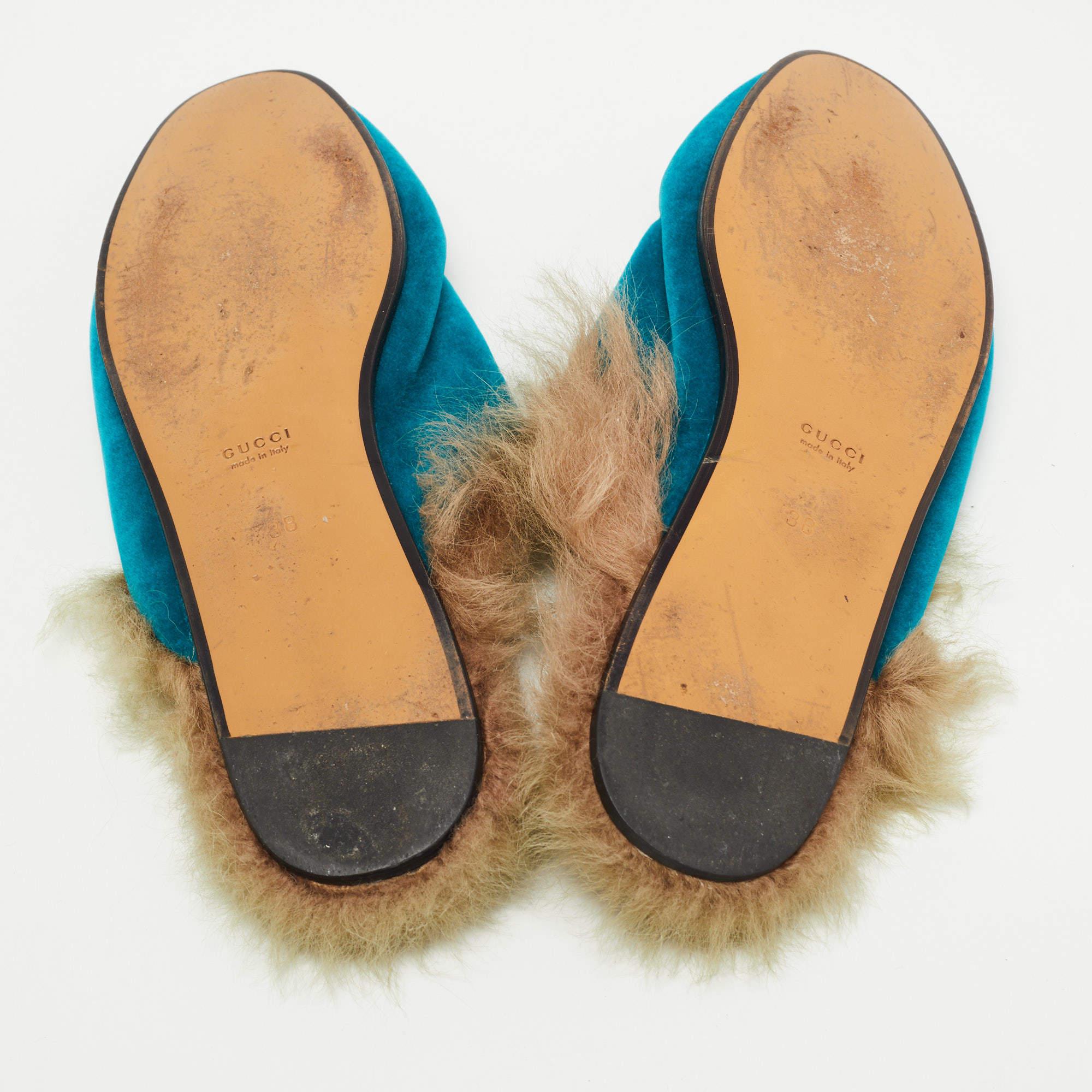 Gucci Turquoise Velvet and Fur Princetown Horsebit Mules Size 38 3