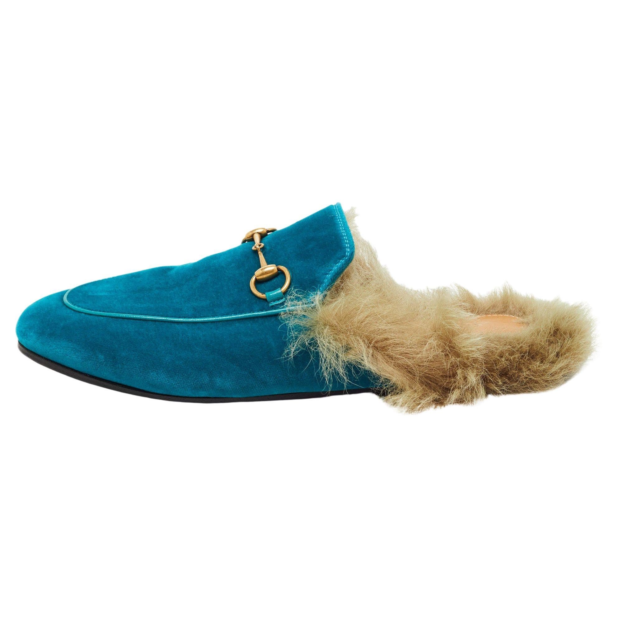 Gucci Turquoise Velvet and Fur Princetown Horsebit Mules Size 38