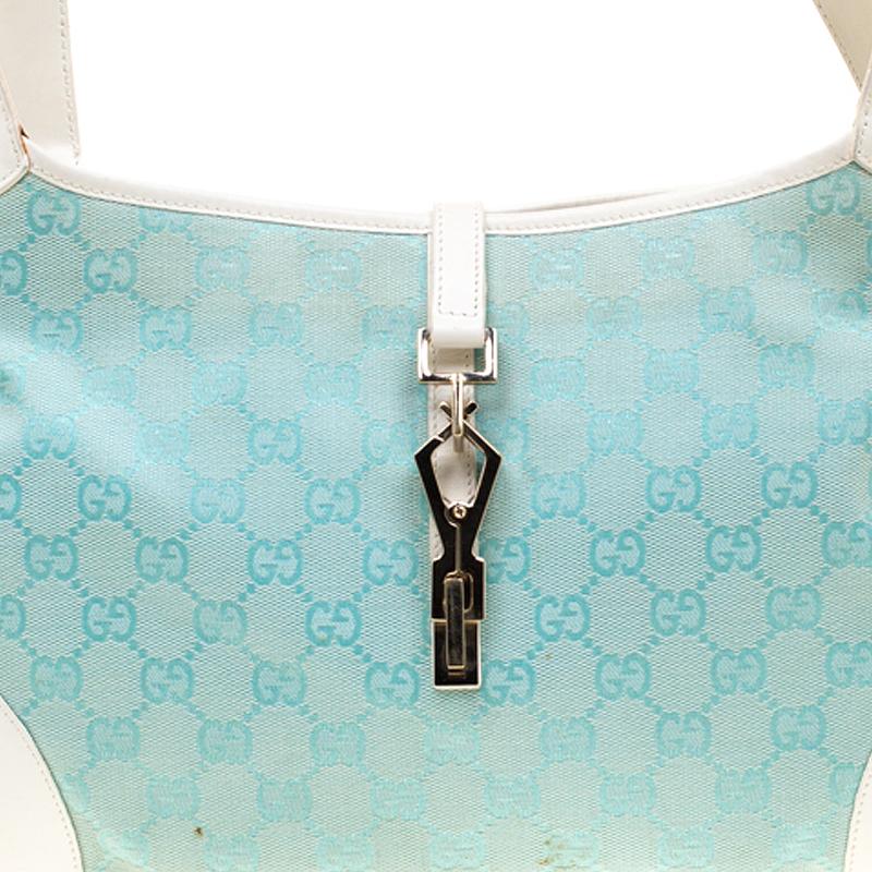 Gucci Turquoise/White Canvas and Leather Jackie Hobo 2