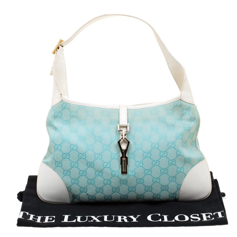 Gucci Turquoise/White Canvas and Leather Jackie Hobo 3