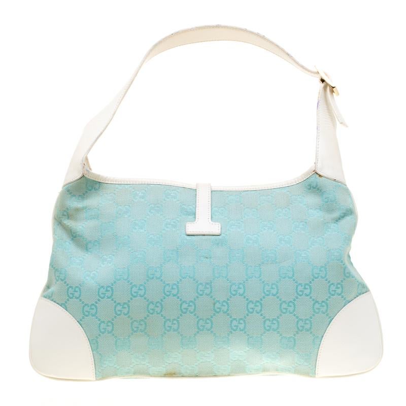 Gucci Turquoise/White Canvas and Leather Jackie Hobo In Good Condition In Dubai, Al Qouz 2