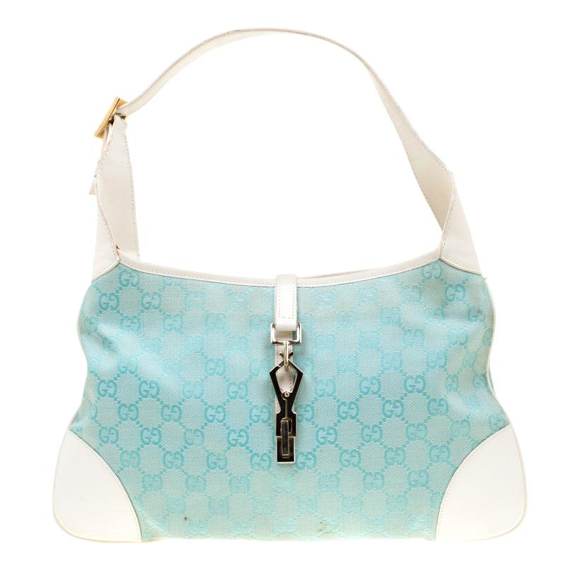 Gucci Turquoise/White Canvas and Leather Jackie Hobo