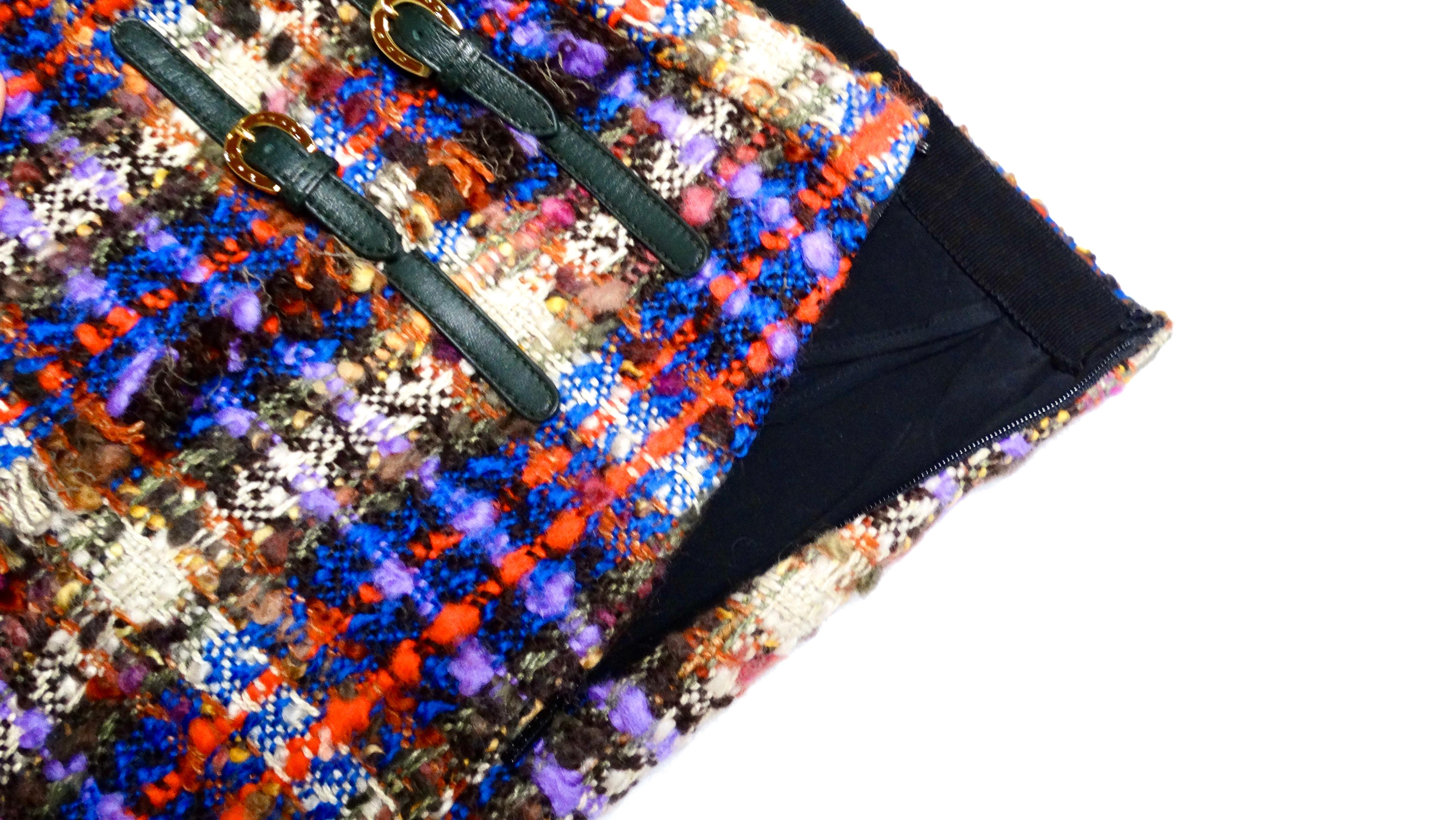 Women's Gucci Tweed Multicolor Plaid Frayed Skirt With Horseshoe Buckle Detailing For Sale