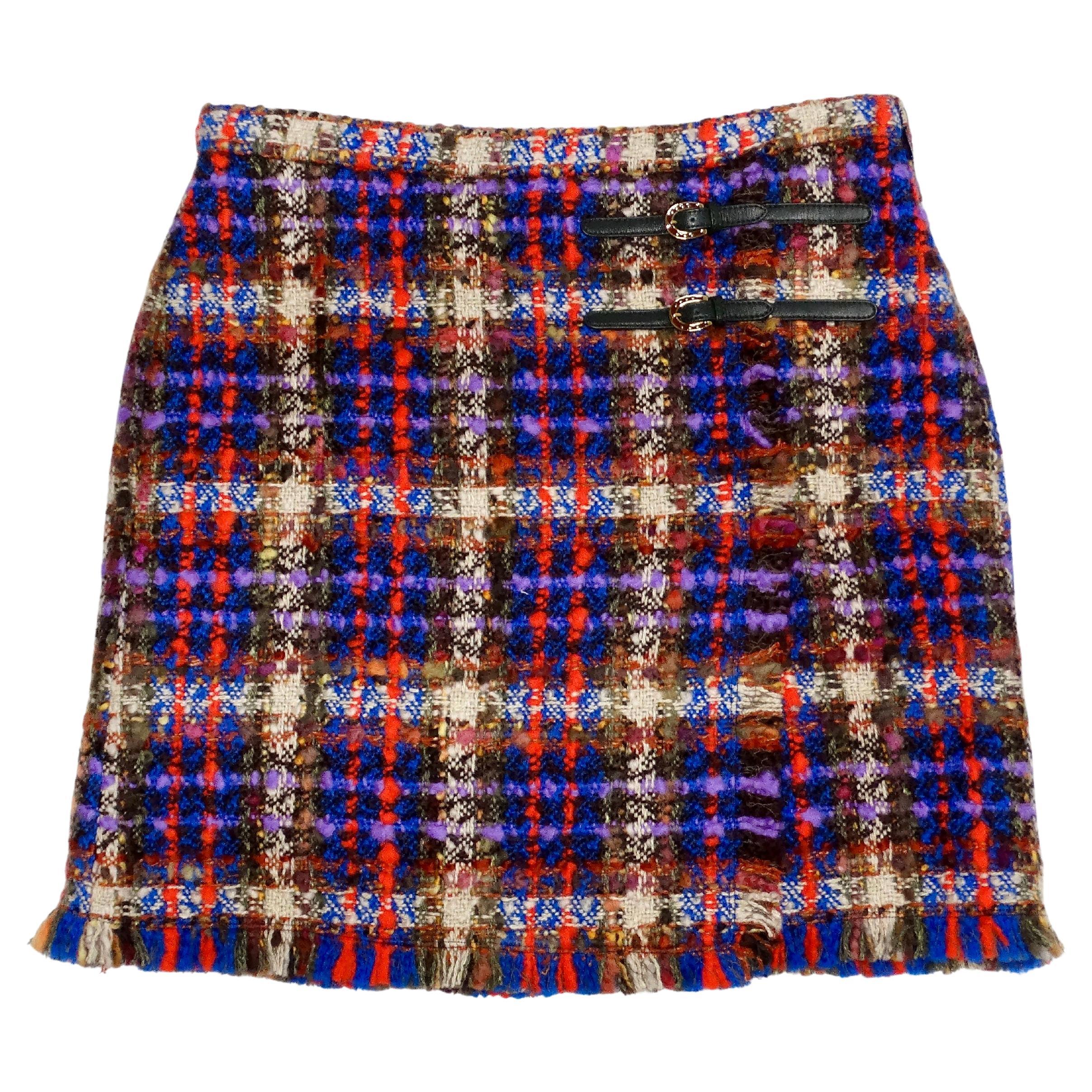Gucci Tweed Multicolor Plaid Frayed Skirt With Horseshoe Buckle Detailing For Sale