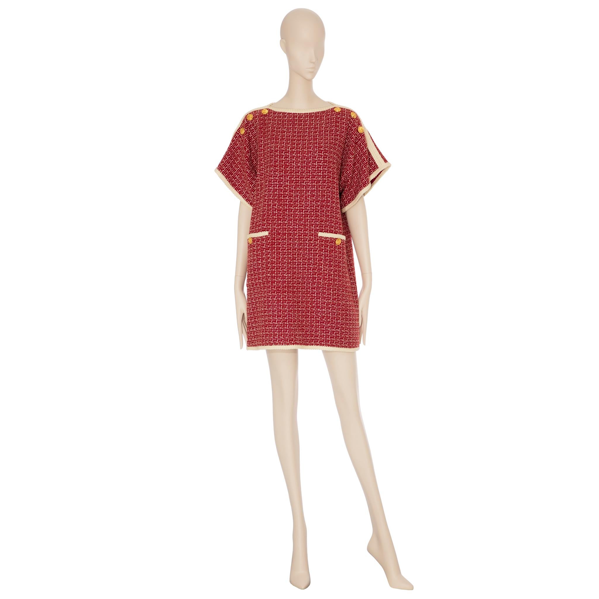 Gucci Tweed Red & Off-White Tunic Dress 38 IT In New Condition For Sale In DOUBLE BAY, NSW