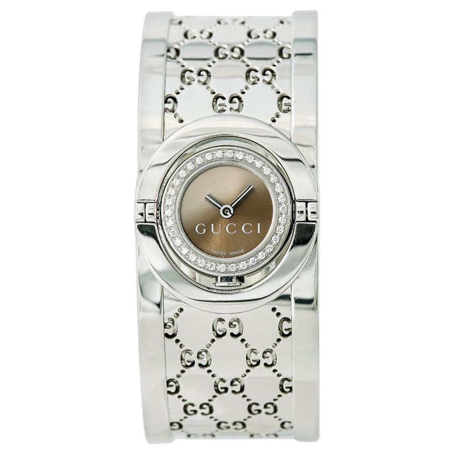 Gucci Twirl 112 Womens Quartz Watch Bronze Dial Bangle Stainless Steel