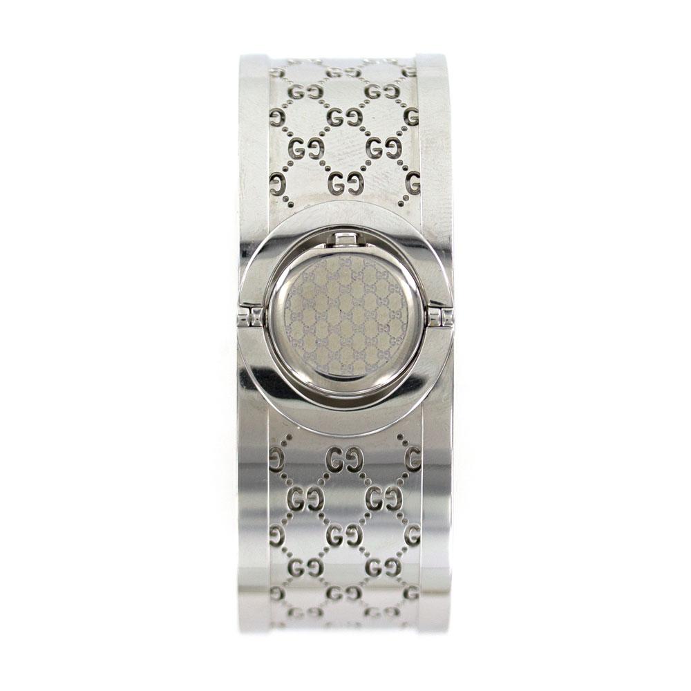 Gucci twirl watch is also worn as a bangle bracelet. The watch features a 37 diamond bezel, swiss quartz movement, stainless steel case and bracelet, and silver face. The watch is water resistant up to 30 meters. The bracelet measures .90 inches in