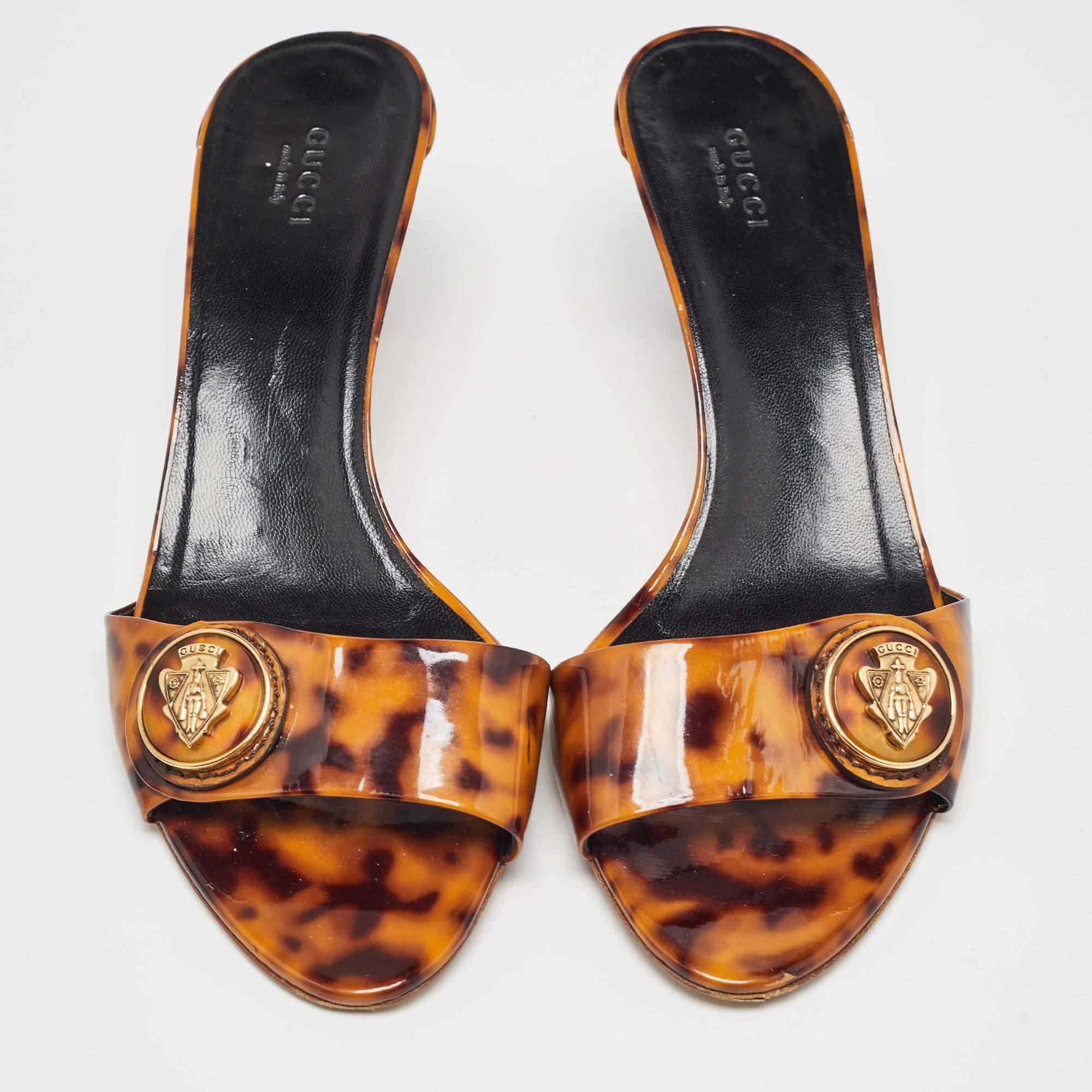 Brown Gucci Two Tone Animal Print Patent Leather Hysteria Slide Sandals Size 39