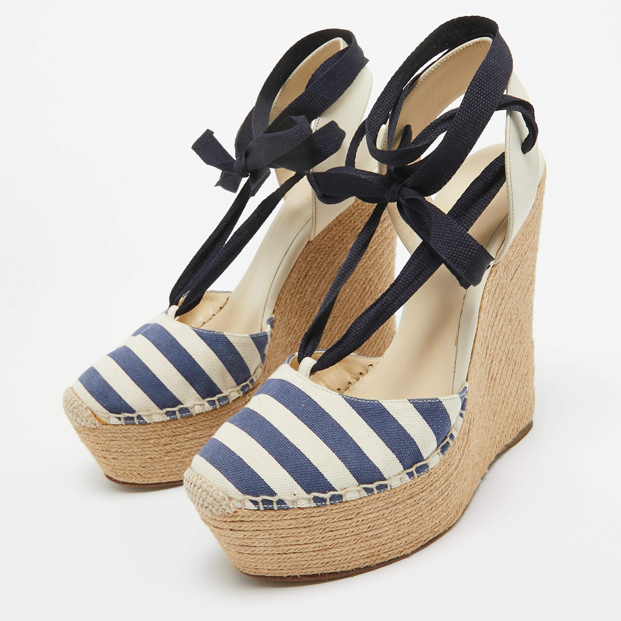 Women's Gucci Two Tone Canvas and Leather Espadrille Wedge Ankle Tie Pumps Size 39