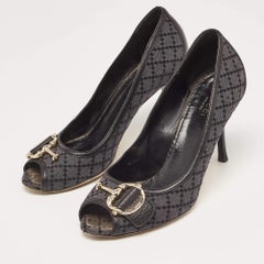 Gucci Two Tone Diamante Canvas and Leather Icon Bit Peep Toe Pumps Size 38