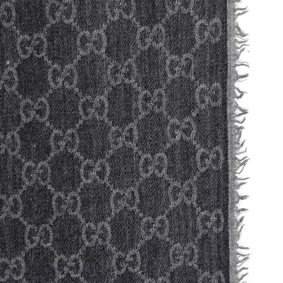 Black GUCCI two tone grey wool blend GG MONOGRAM Shawl Scarf For Sale