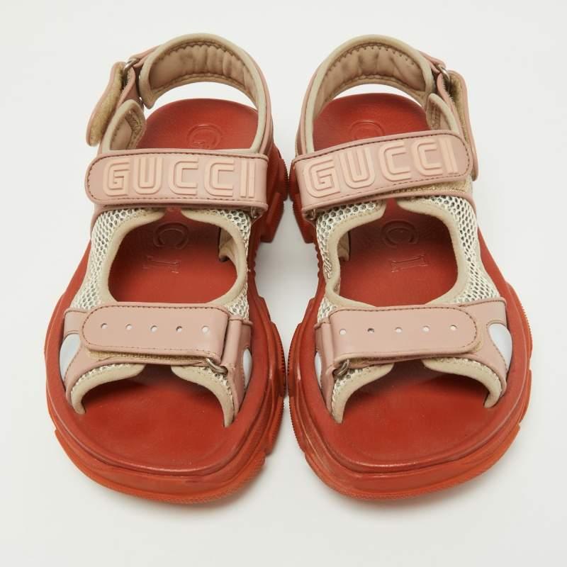 Orange Gucci Two Tone Leather and Mesh Aguru Sandals Size 38