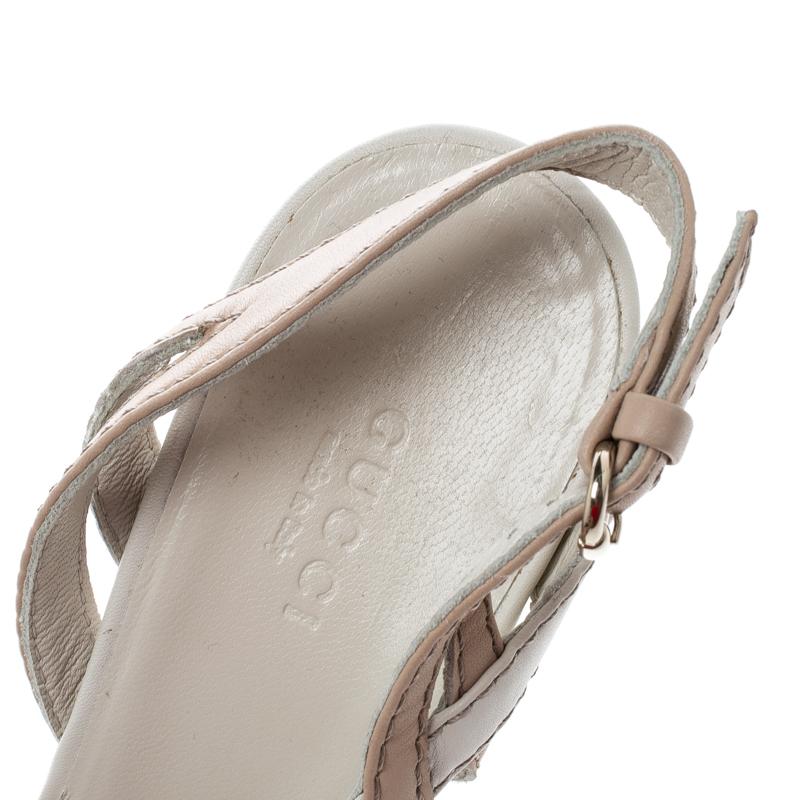 Women's Gucci Two Tone Leather Kotao Tortoise Peep Toe Wedge Sandals Size 37
