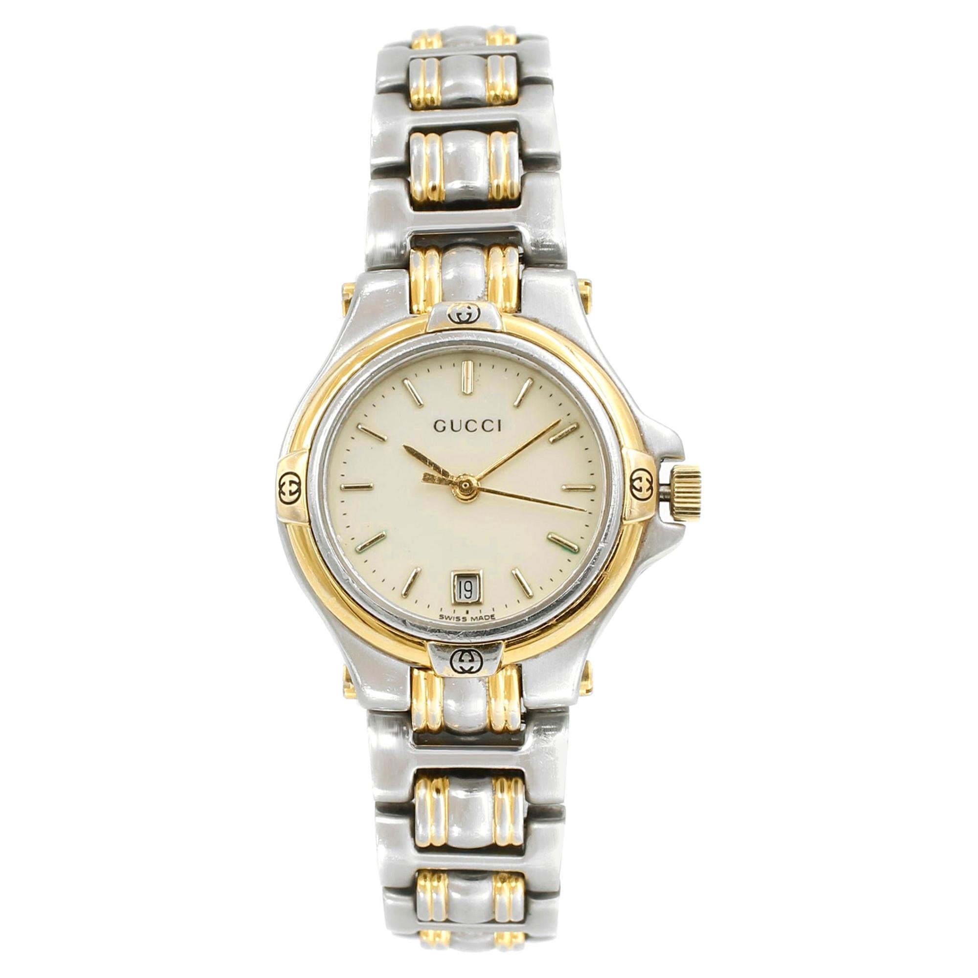 Gucci Two Tone Steel Cream Sticks Dial Quartz Ladies Watch 9040L
