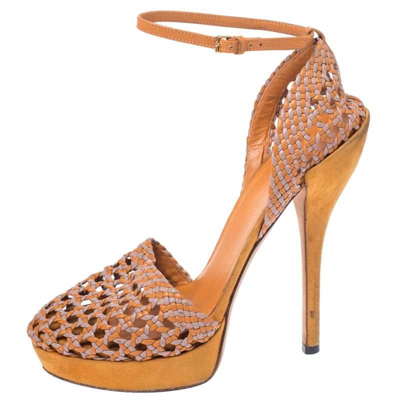 Orange Gucci Two Tone Woven Leather Kyligh Ankle Strap Platform Sandals Size 37 For Sale