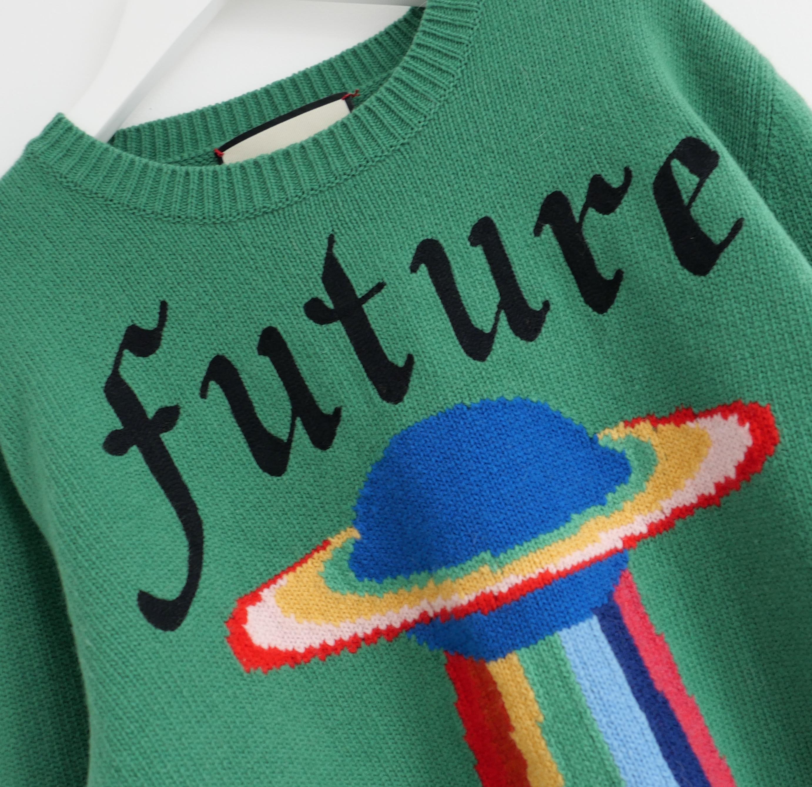 Coolest, cult Gucci UFO jumper from the Fall 2017 menswear collection. Bought for £1025 and worn a couple of times.  Made from thick bright green wool with rainbow hued UFO intarsia design and Future script embroidery to front. Back has XXV