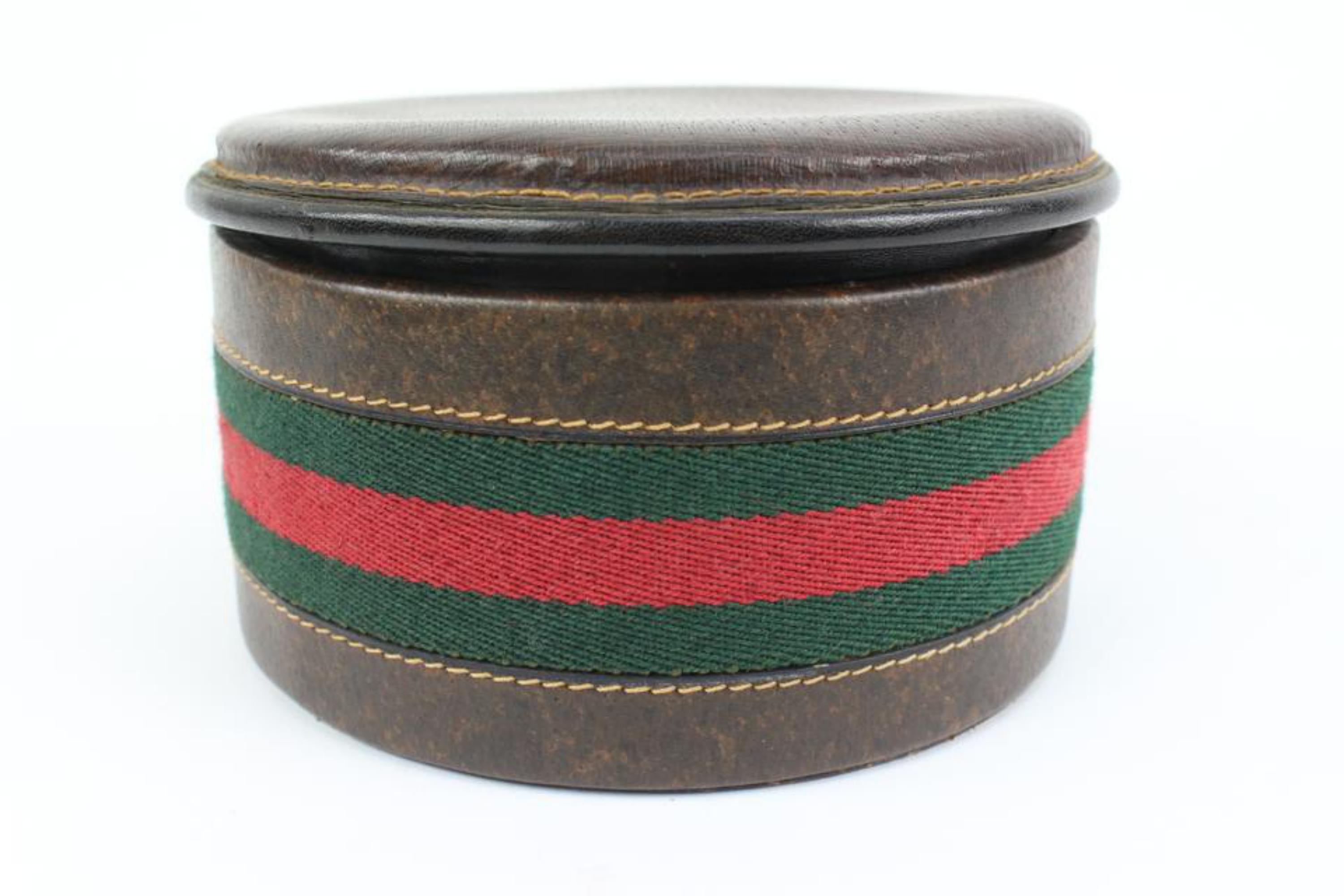 Women's Gucci Ultra Rare Brown Leather Web Round Box Case Jar Boite 71g411s For Sale