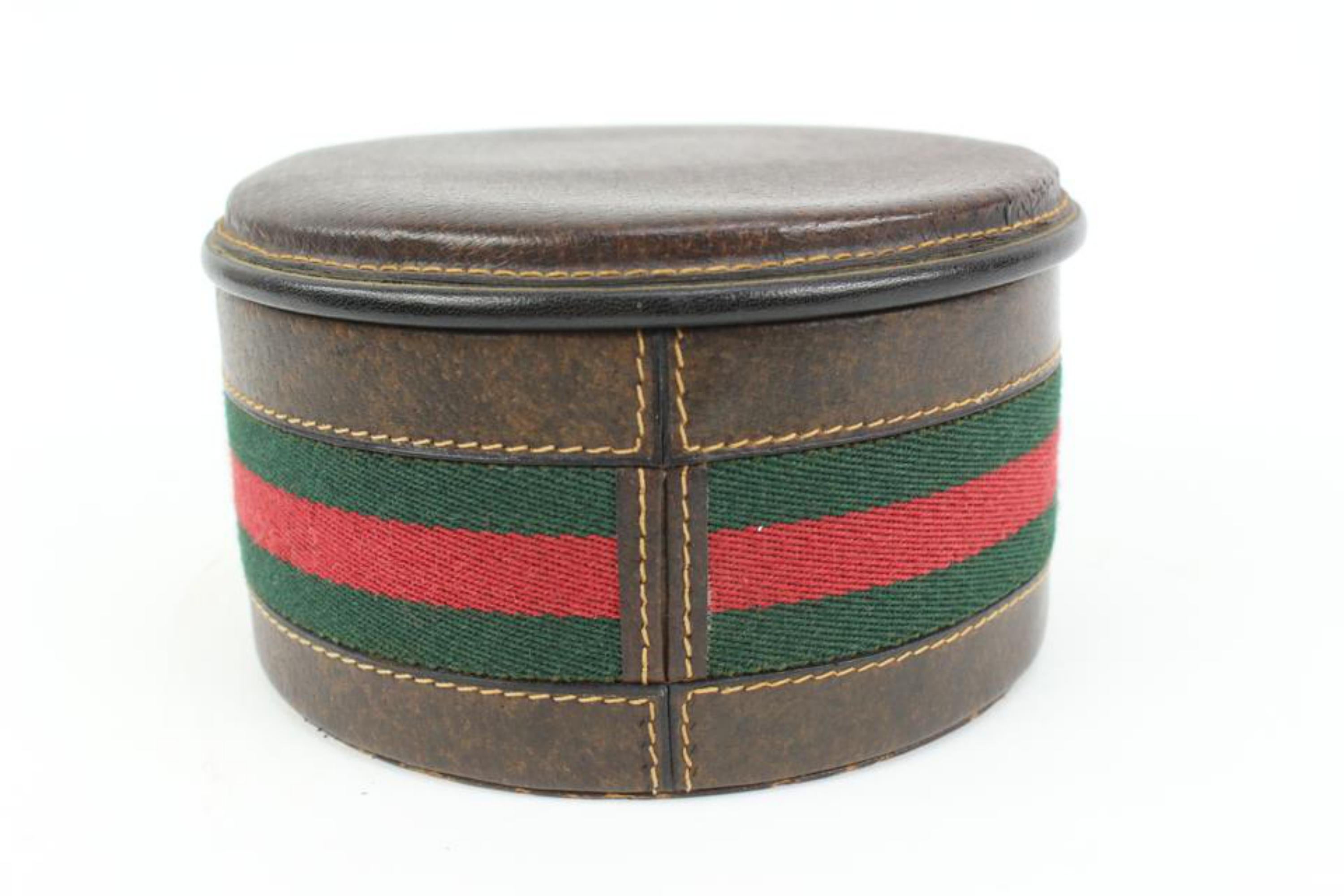 Gucci Ultra Rare Brown Leather Web Round Box Case Jar Boite 71g411s For Sale 2