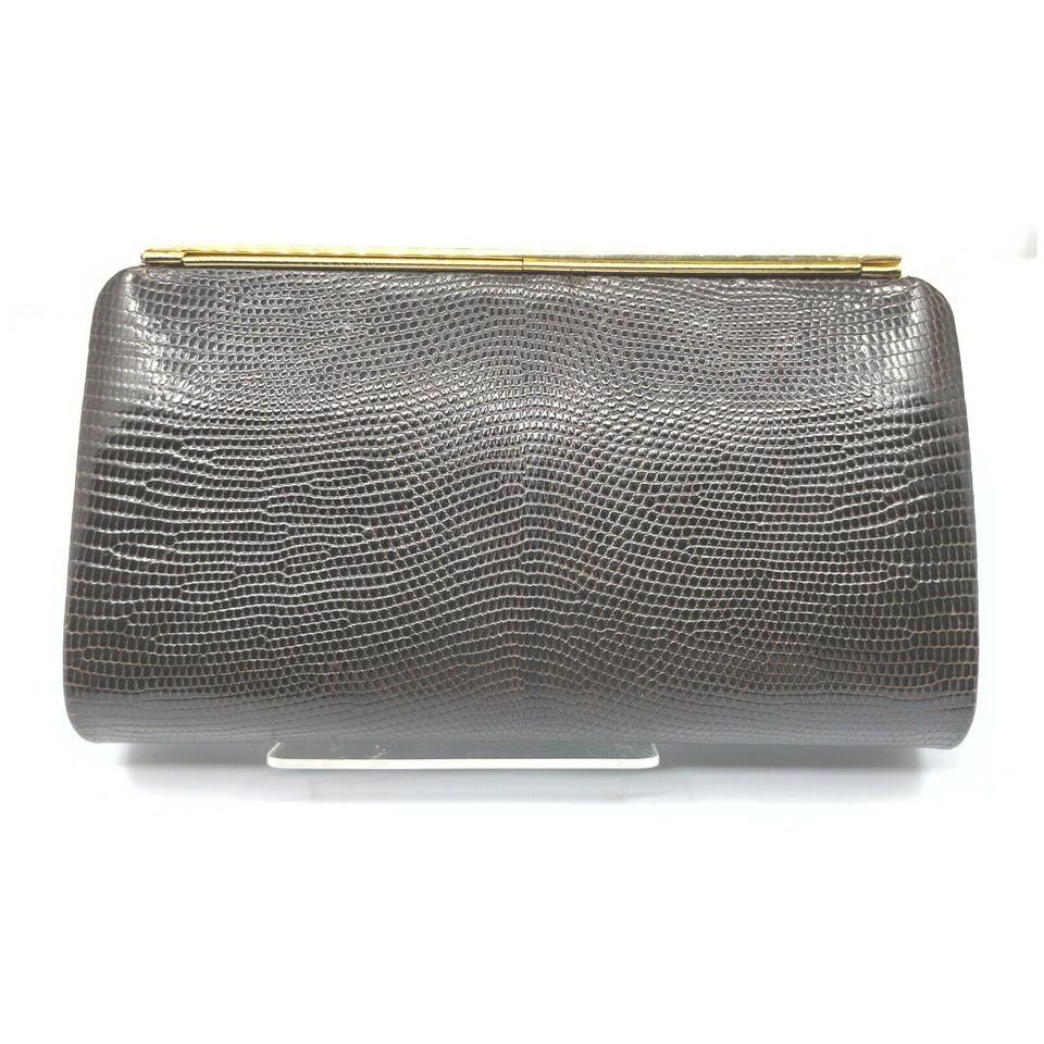 Gucci Ultra Rare Dark Brown Lizard Frame Clutch Wallet  862374 In Good Condition For Sale In Dix hills, NY