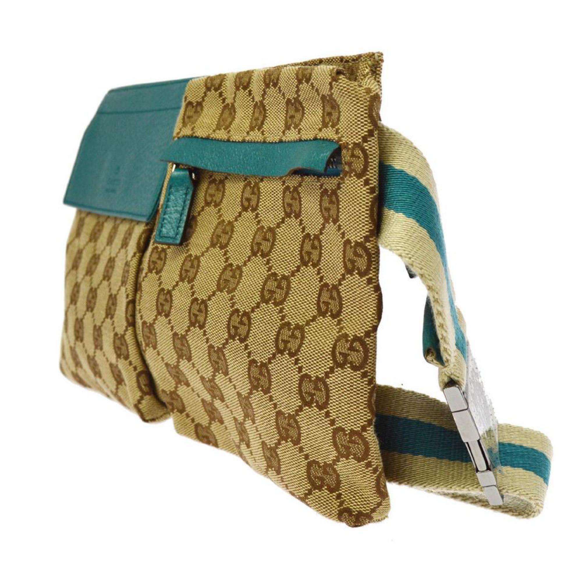 Gucci GG Canvas Body Bag Waist Pouch Hip Leather Khaki Beige Dark Brow