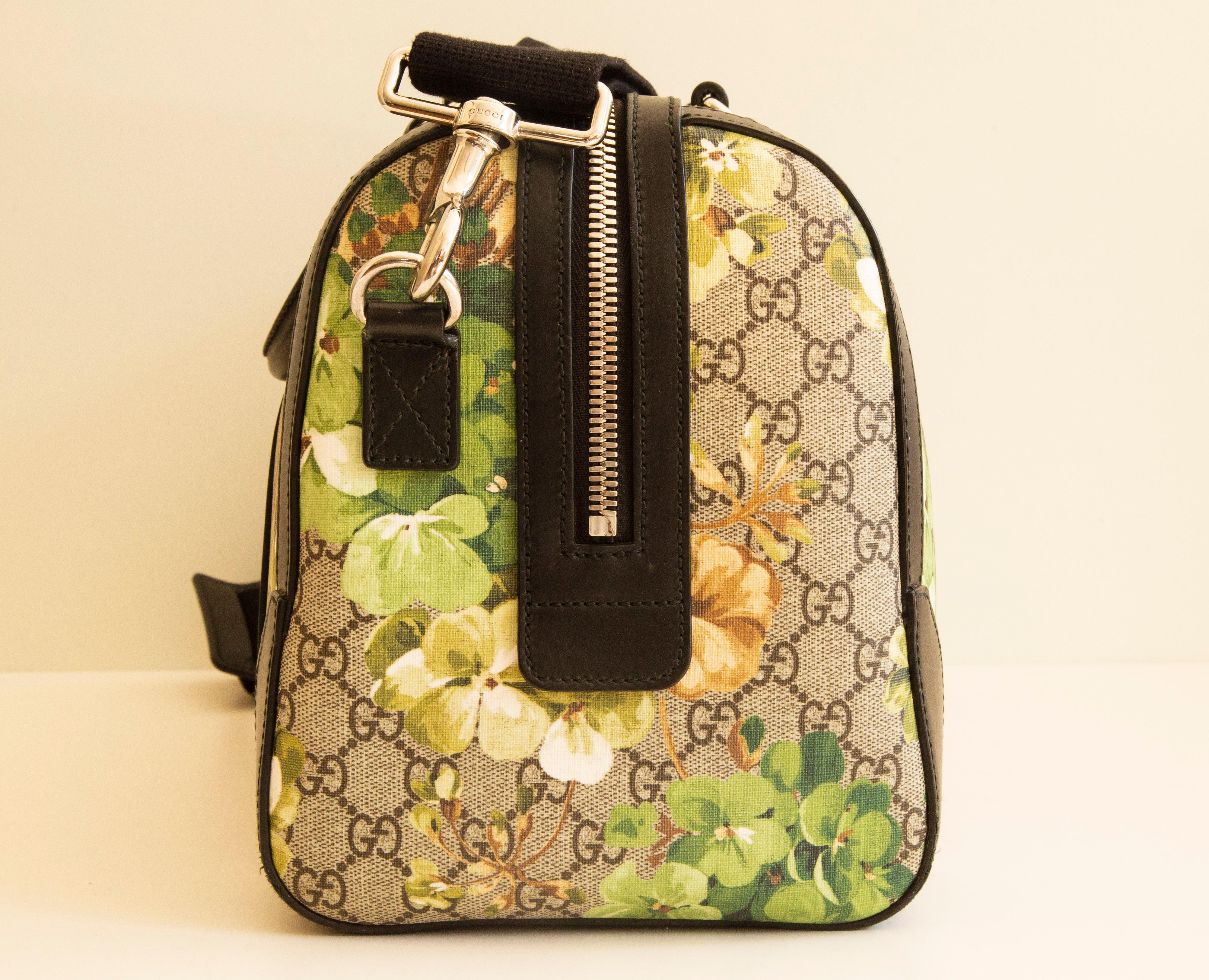 Noir Gucci - Sac Boston unisexe GG Web and Blooms en vente