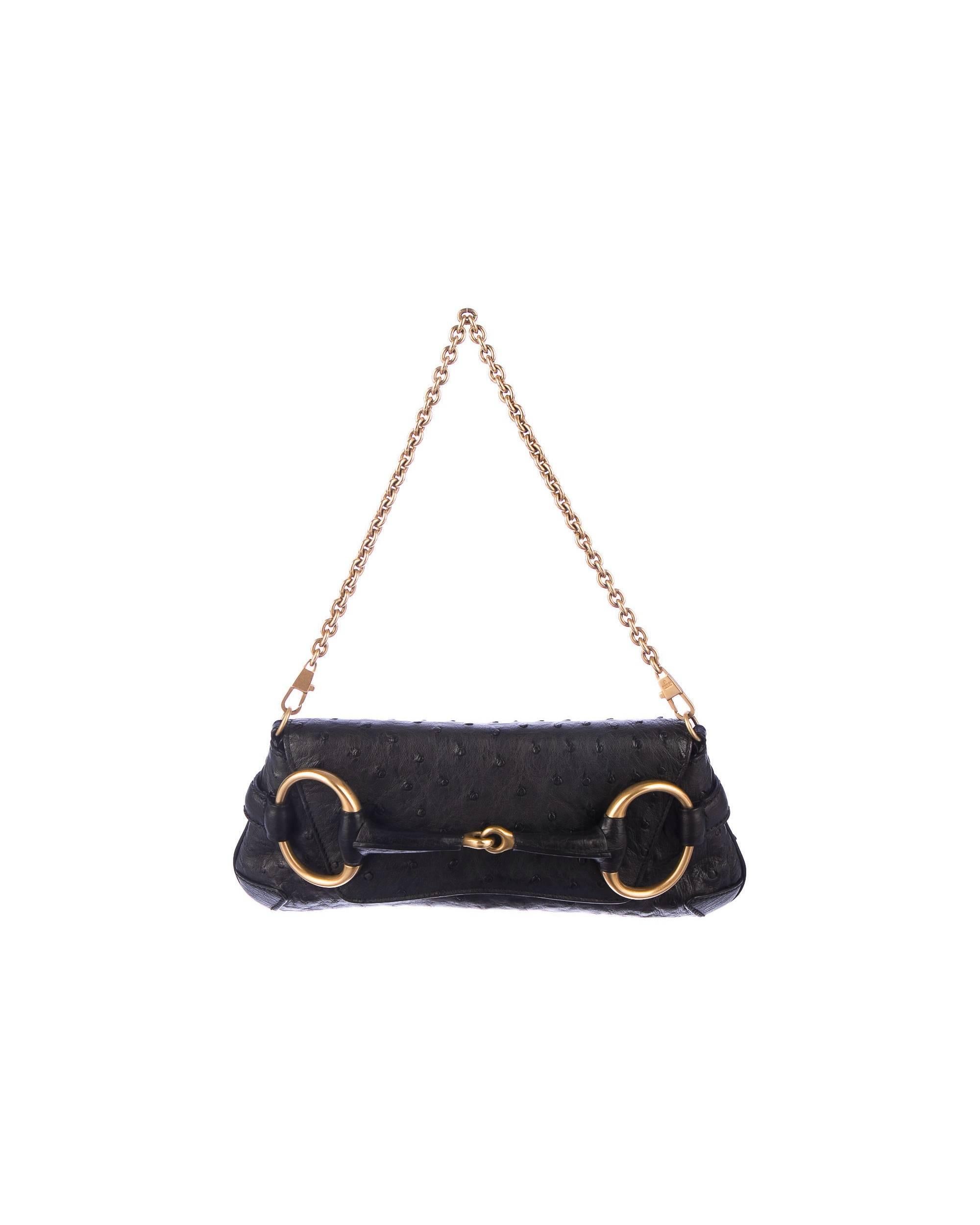 GUCCI Unworn Black Exotic Ostrich Skin Horsebit Flap Bag Clutch For Sale 6