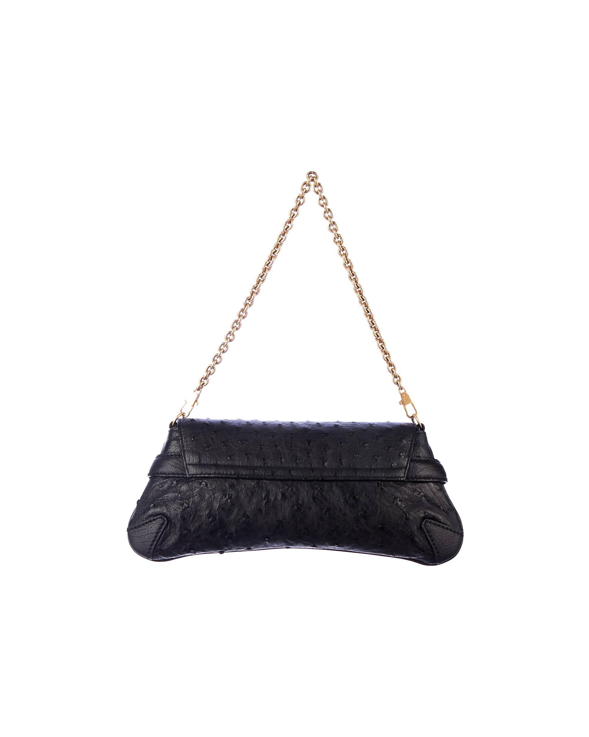 GUCCI Unworn Black Exotic Ostrich Skin Horsebit Flap Bag Clutch For Sale 7